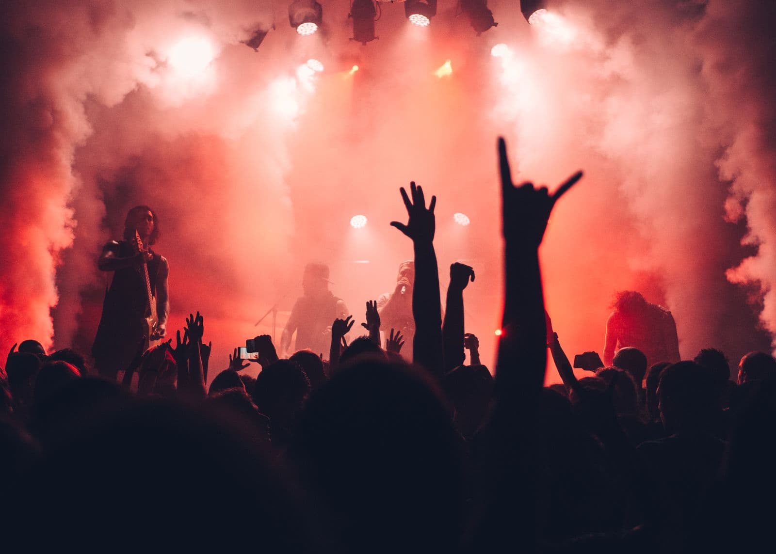 A crowd at a live music show lit by warm stage light.